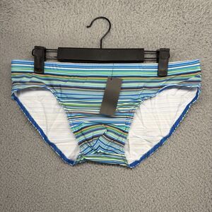 Todd Sanfield Swim Brief Men's Large Blue Striped Vibrant Rainbow Micro NEW
